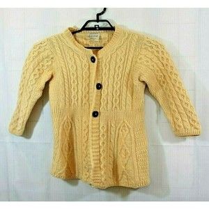 Kilronan Knitwear Chunky Cardign Sweater 100% Wool Made In Ireland Yellow XS